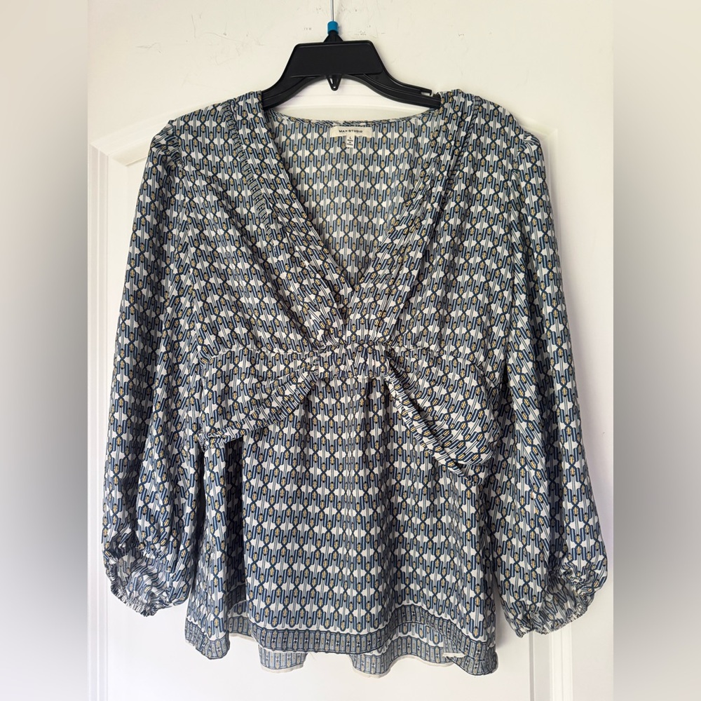 Max Studio Blue Geo Print V-Neck Knot Front Women's Top in Sz Large